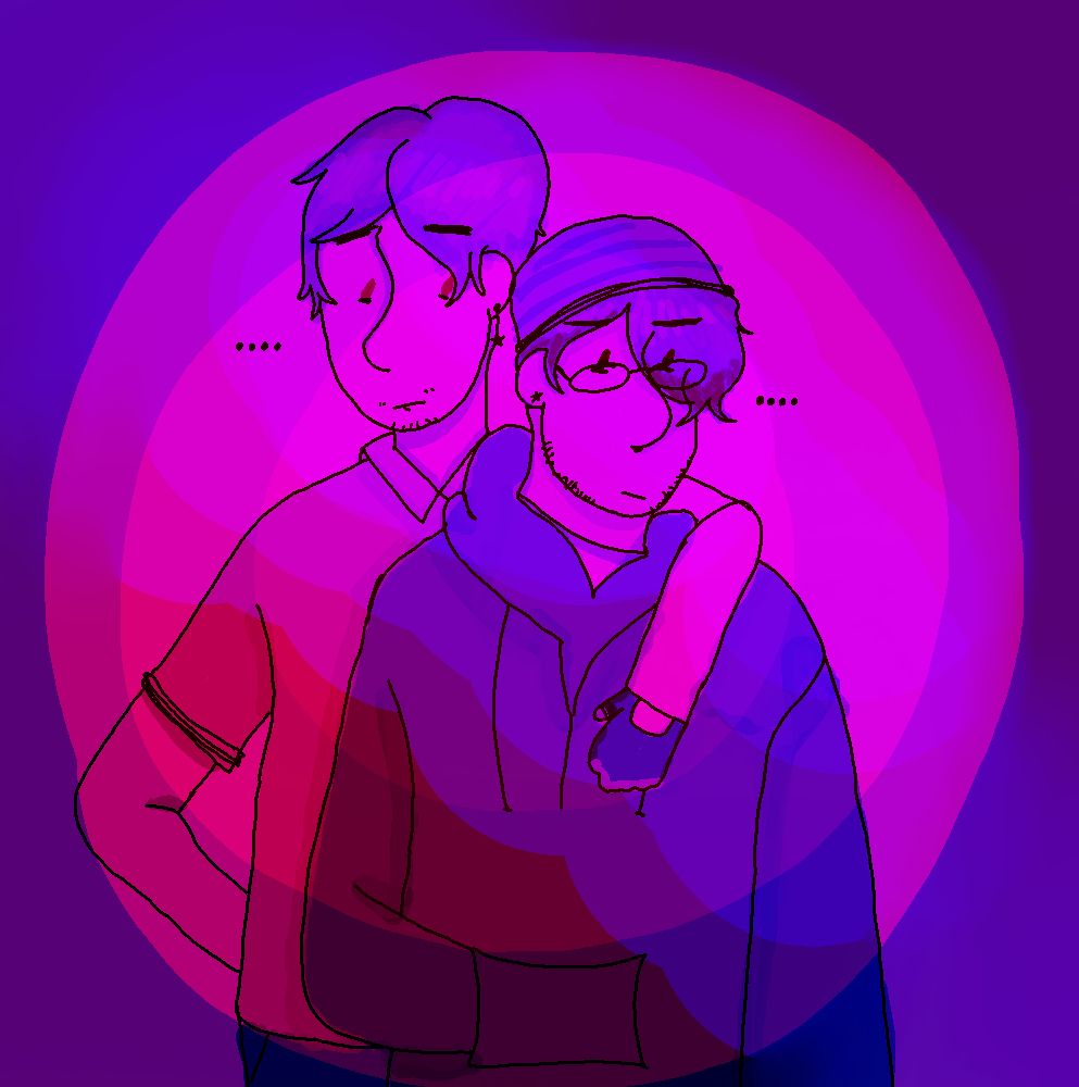 A drawing of Patrick and Shaun from MLAndersen0. Patrick is looking down at Shaun, and Shaun is looking away towards the ground. Patrick has his arm around Shaun, and both look concerned but unwilling to speak. The colors are edited to be shades of pink, blue, and purple across the middle.