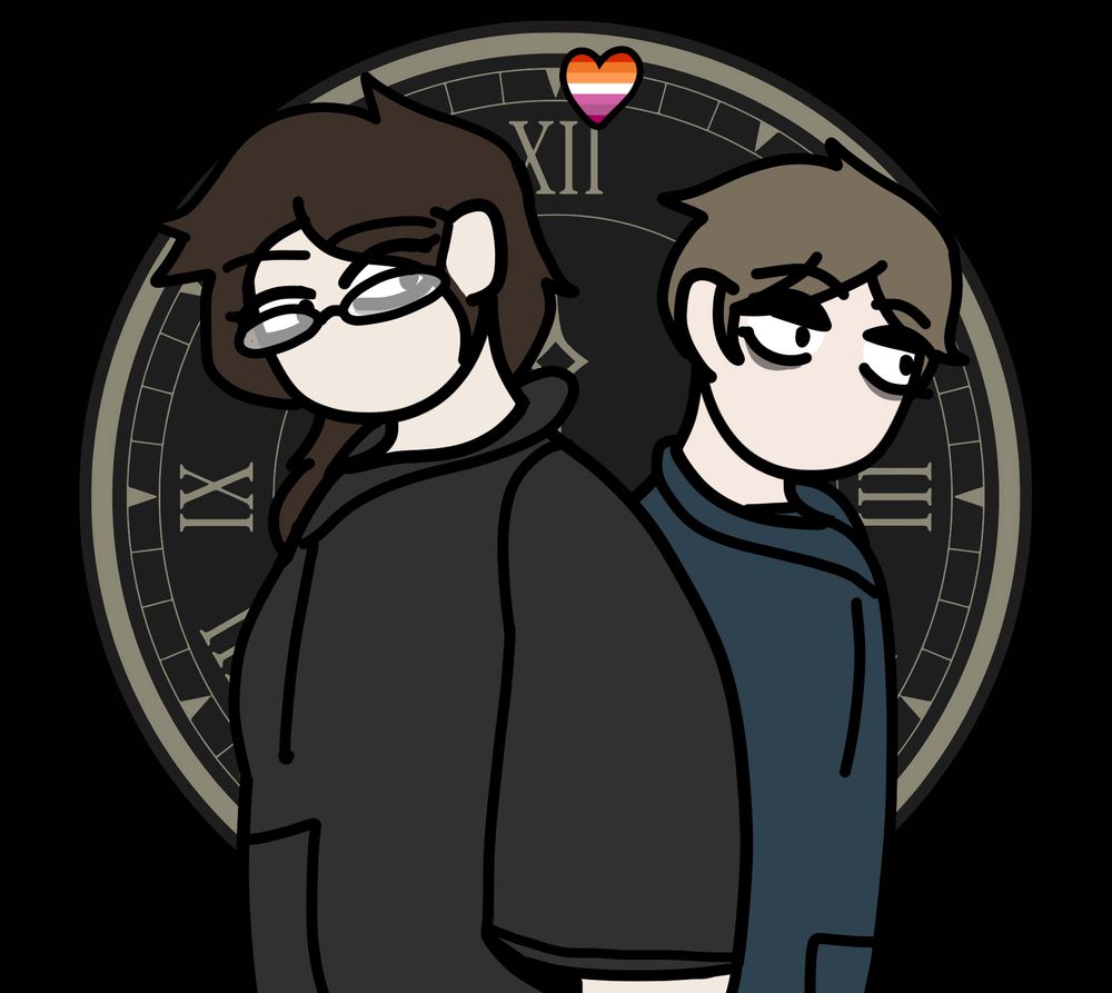 A drawing of Shaun and Stormy from MLAndersen0. Shaun is looking at Stormy, Stormy is looking off to the side. There is a lesbian heart and a large clock face behind them.
