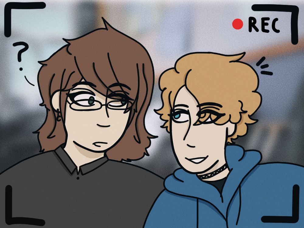 A drawing of Shaun Andersen and Stormy from mlandersen0. Shaun has brown hair, a grey polo shirt, glasses, and green eyes, and Stormy has blonde hair, a blue hoody, and a choker. Shaun is looking down at Stormy with a confused expression, and Stormy is looking back with a smile on her face. In the corner there is a red dot that says "REC," showing that they're on camera.