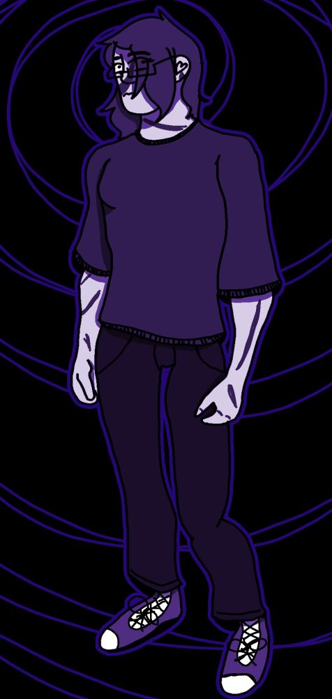 A drawing of Shaun Andersen looking upwards in a panicked expression. Shaun is colored in different purple tones, and has scars on the arms and face. In the background there is a lined purple spiral going off of Shaun's head.