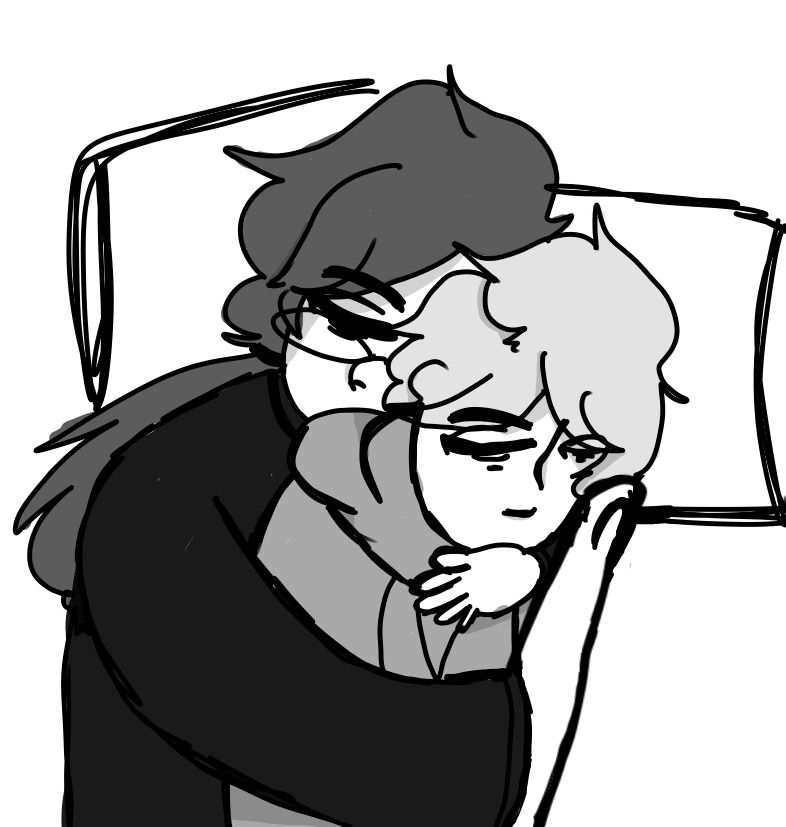 A drawing of Shaun and Stormy from MLAndersen0. Stormy is in Shaun's arms, and both are sleeping. In this image, it is colored in greyscale, and the lines are thicker. 