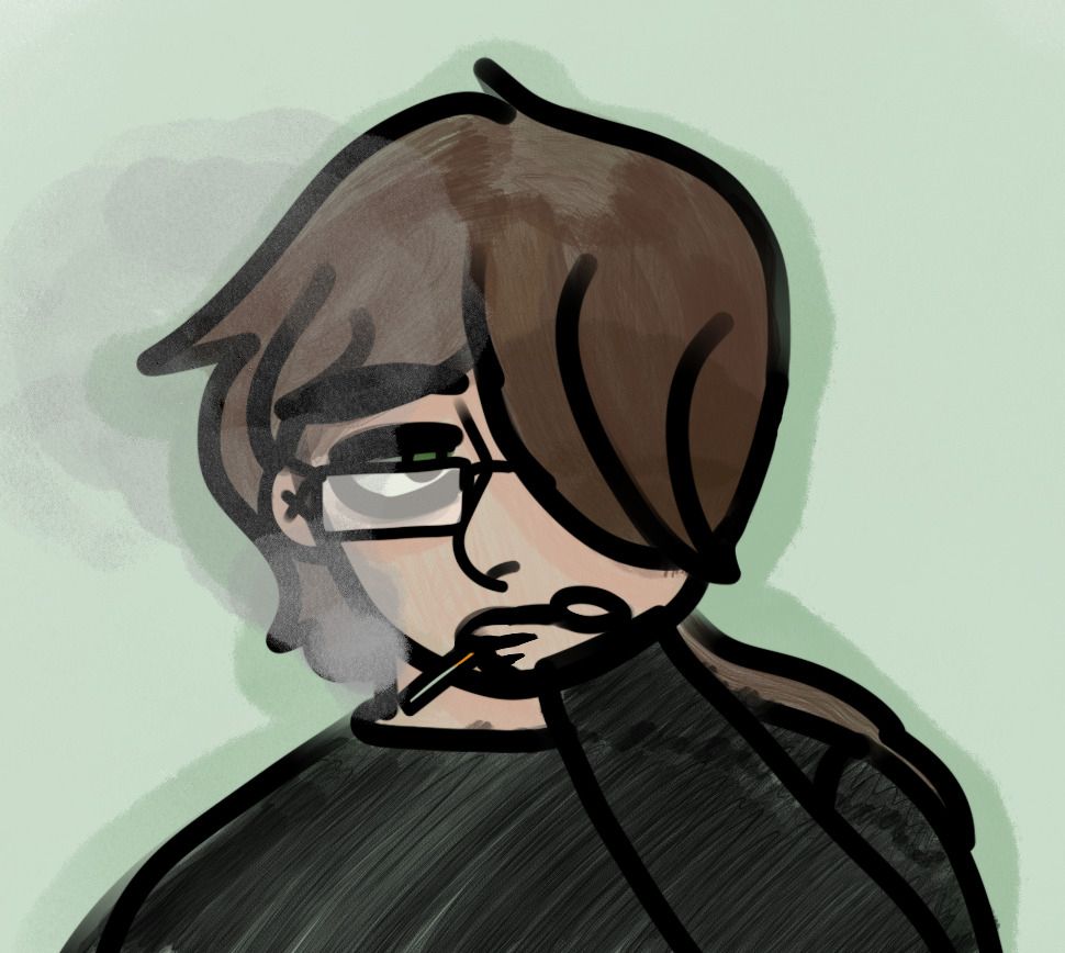 A drawing of Shaun Andersen smoking a cigarette, looking off and away from the camera.