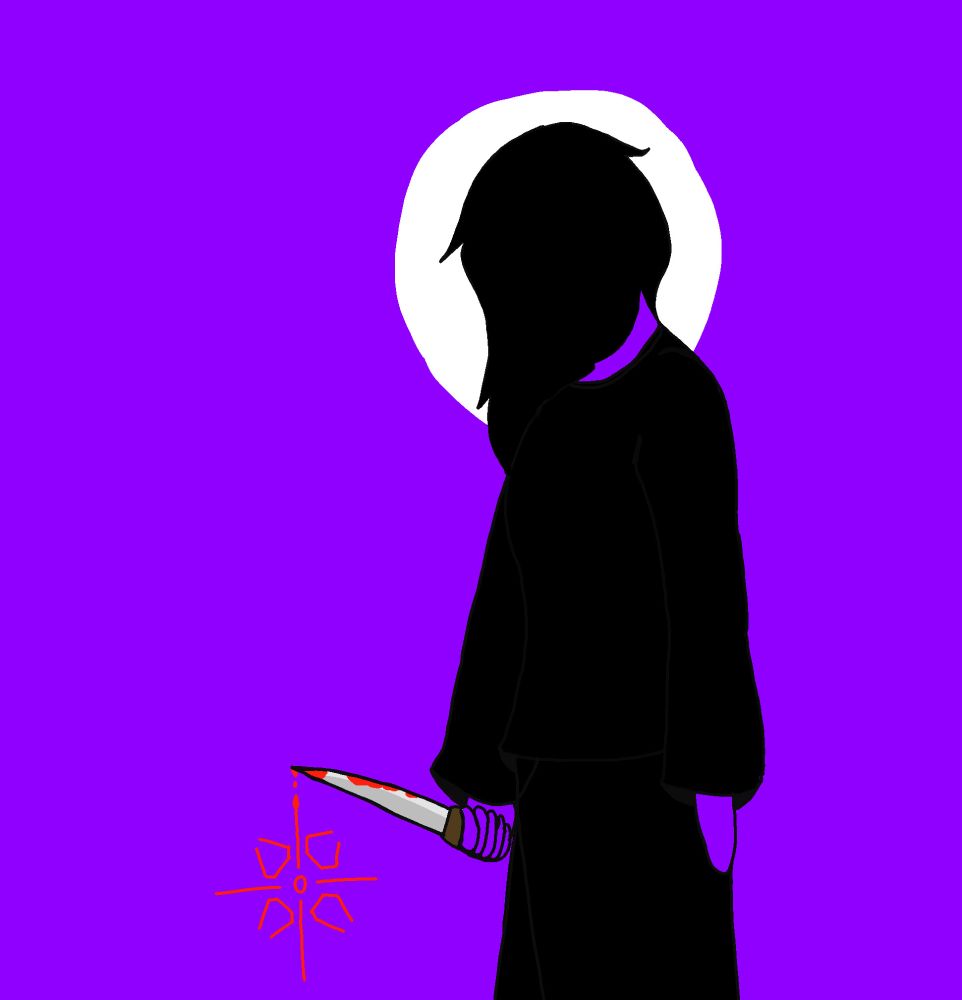 A drawing of HABIT from EverymanHYBRID, shrouded in darkness and surrounded by purple. It is holding a knife that is dripping blood, which turns into the north star symbol from the series. 