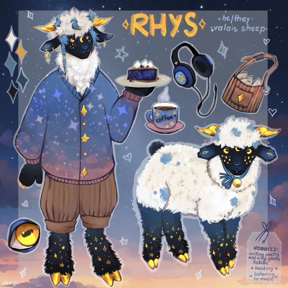 ref sheep of valais sheep furry character named Rhys 
he\s got a star theme, with stars scattered on his fur and wearing cardigan which looks like starry sky