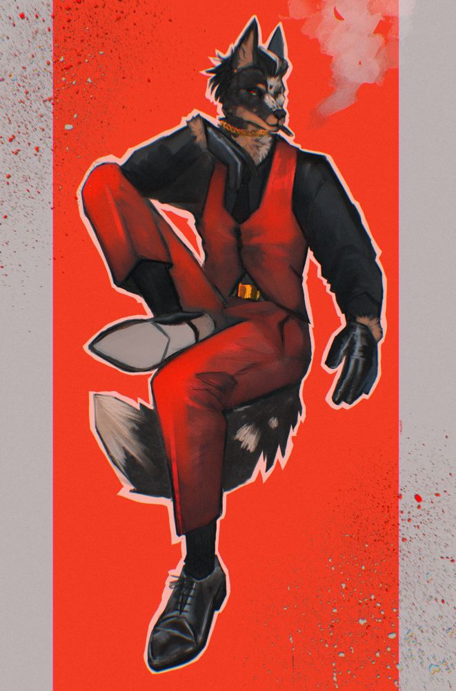 fullbody portrait of the beauceron mafia boss Nicolai in his majestic red suit smoking a cigar