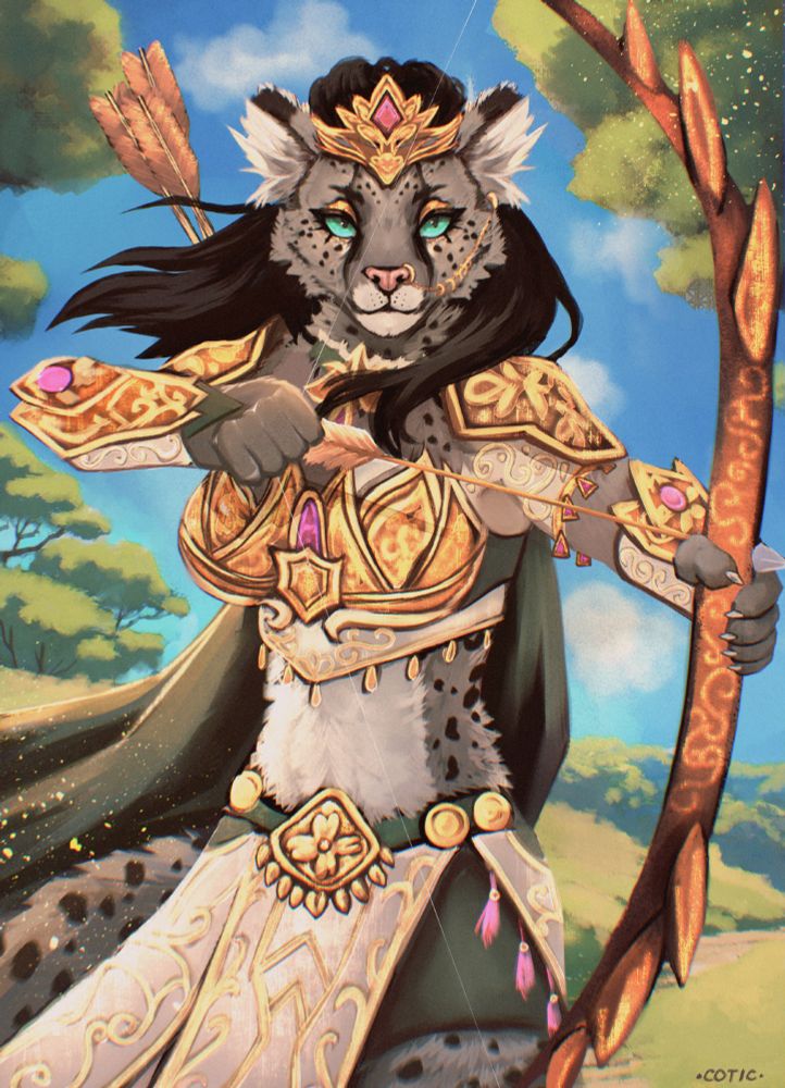 Snow leopard Sarai is wearing seducer's armor from TES and holding a bow