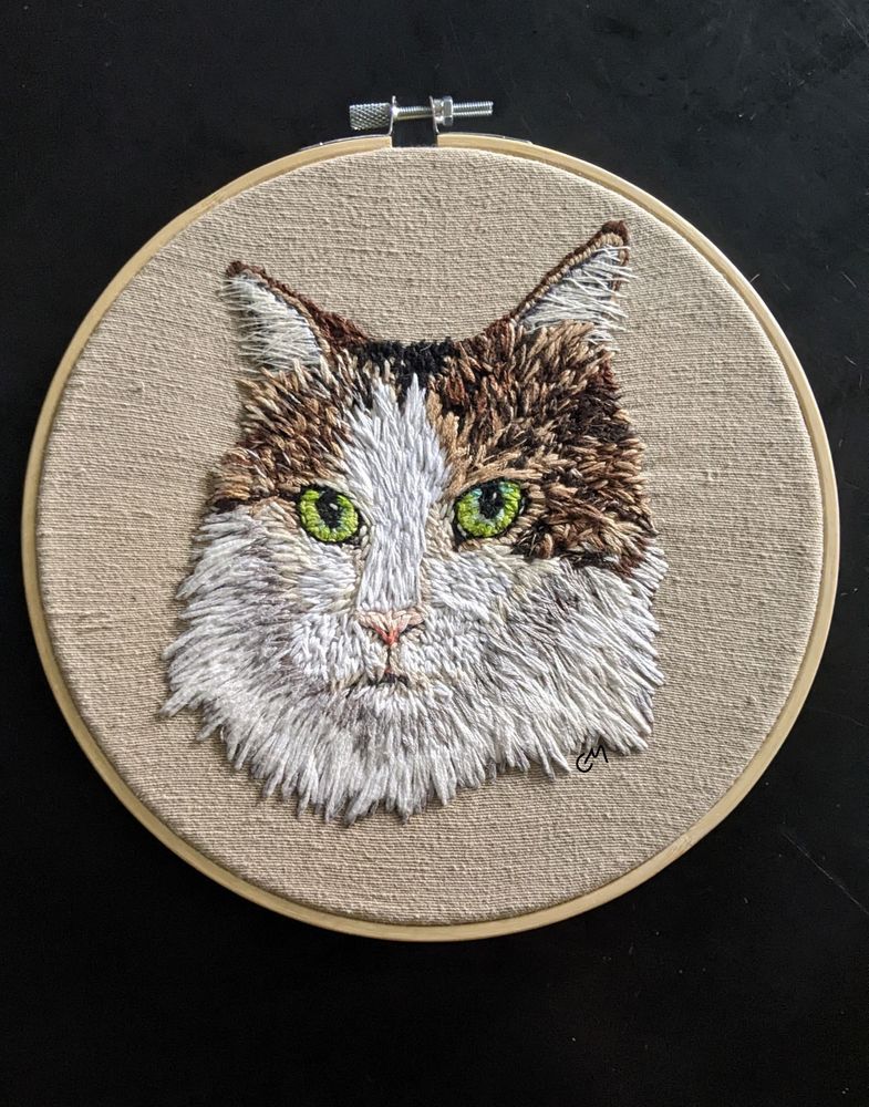 A circular frame holds beige canvas with a cat head centered. The cat is named Alvin and is a very handsome long haired brown tabby with white on his face and belly and green eyes.

2023?