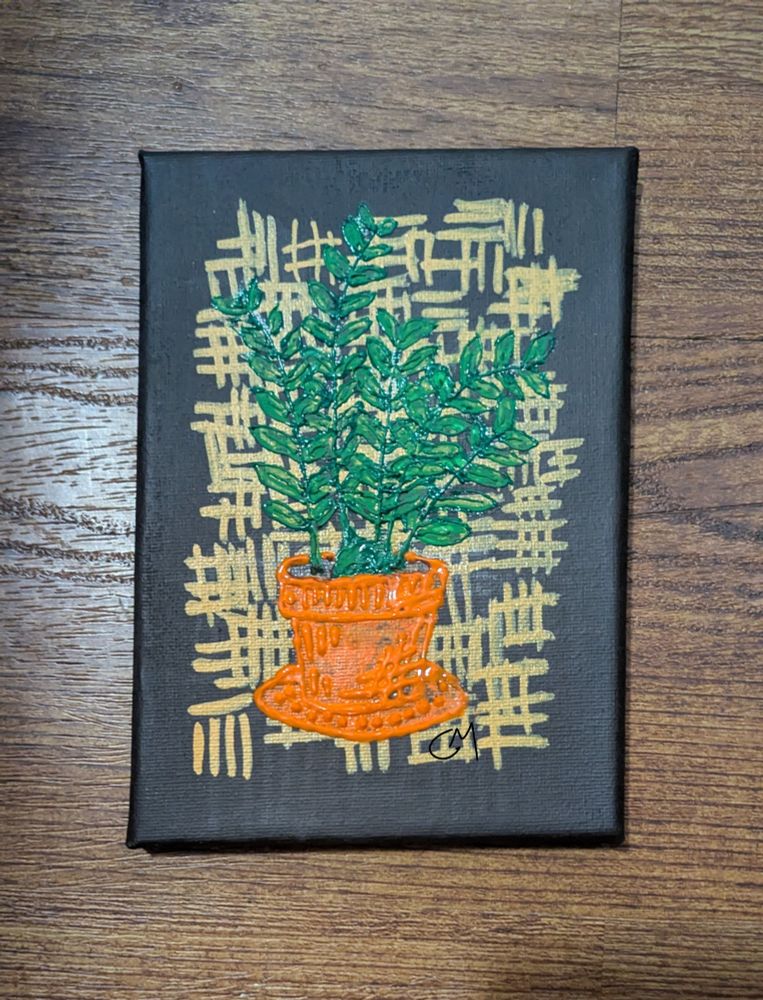 Painting of stylized zz plant in an orange pot with short lines in the background.
2025 