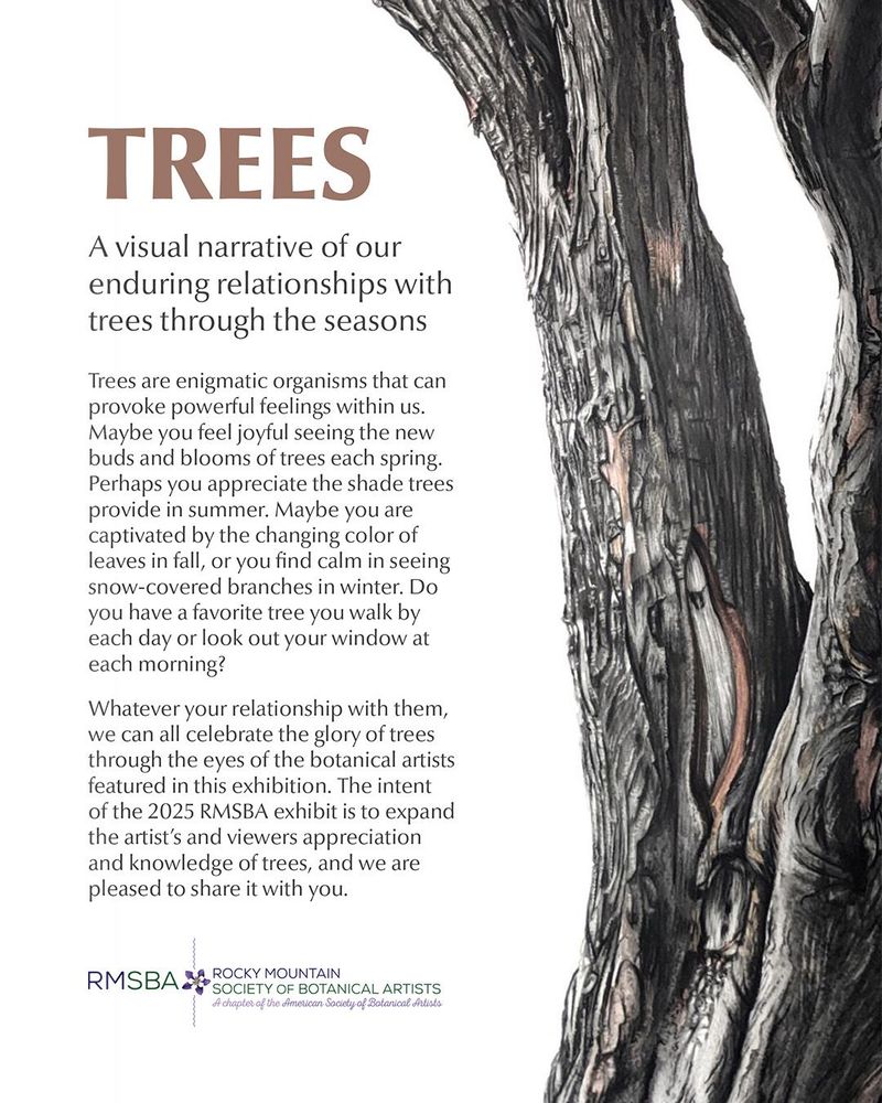 Poster for TREES: A visual narrative of our enduring relationships with trees through the seasons. Trees are enigmatic organisms that can provoke powerful feelings within us. Maybe you feel joyful seeing the new buds and blooms of trees each spring. Perhaps you appreciate the shade trees provide in summer. Maybe you are captivated by thechanging color of leaves in fall, or you find calm in seeing snow-covered branches in winter. Do you have a favorite tree you walk by each day or lookout your window at each morning? Whatever your relationship with them, we can all celebrate the glory of trees through the eyes of the botanical artists featured in this exhibition. The intent of the 2025 RMSBA exhibit is to expand the artist's and viewers' appreciation and knowledge of trees, and we are pleased to share it with you. The RMSBA (Rocky Mountain Society of Botanical Artists) logo and a winter portrait of a crabapple in carbon dust by Brittany Hass are included on the poster. 