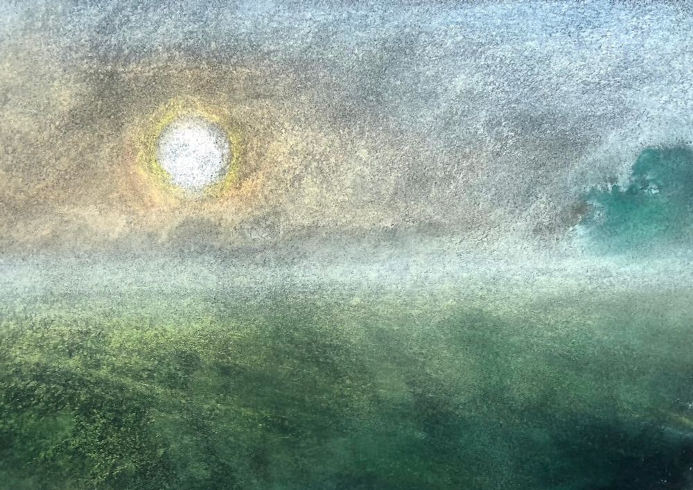 Pastel sketch of a milky sun, yellow haloed sun as it appears over a misty autumnal field.
