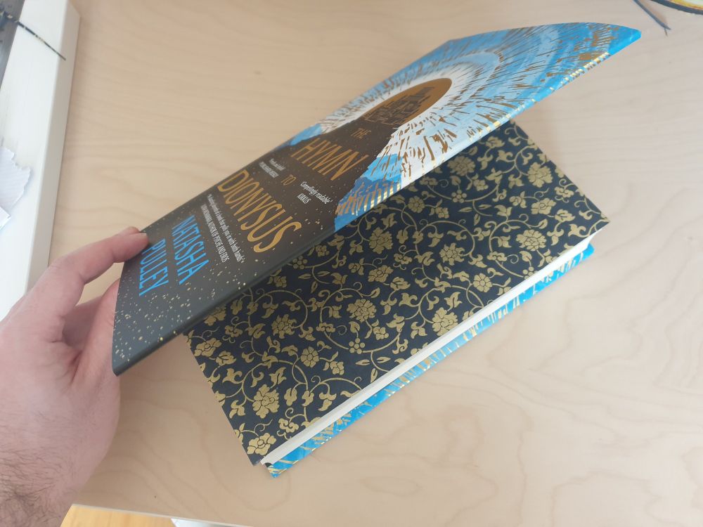 Another angle of the hardback book with the cover slightly lifted to show the endpapers
