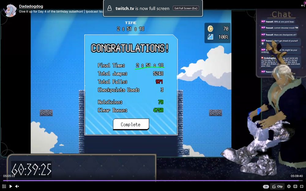 Victory Screen at the end of Holocure: Save the fans in the side game called The Tower of Suffering. It's a game similar to Jump King