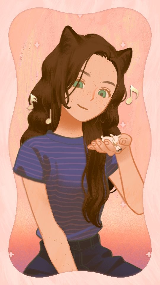 A Picrew of a girl with long brown hair holding a tiny goat in her hand