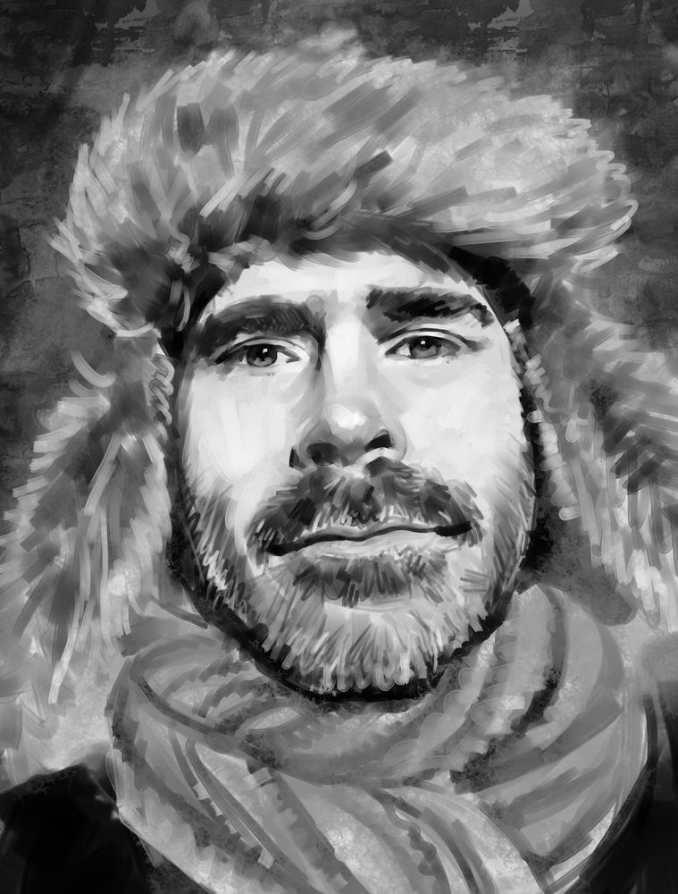 Digital painting of a man in a scarf and fluffy hat 