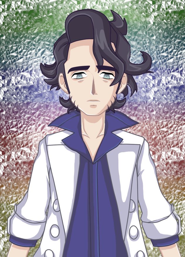 A digital fanart. Frontal shot of Professor Sycamore, with a lifeless and sad look. He stands in front of a wall of glass in which a few colors are reflected, contrasting with the depressed Sycamore.