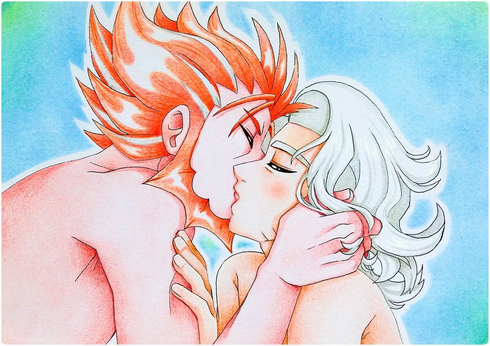 Lysandre and Sycamore kiss sensually with their eyes closed. Both are bare-chested. Lysandre holds a few strands of Sycamore's hair with one hand. Unlike usual, Sycamore has snow-white hair and a few white strands can already be seen in Lysandre's red hair. The background is a soft blue with subtle green accents.