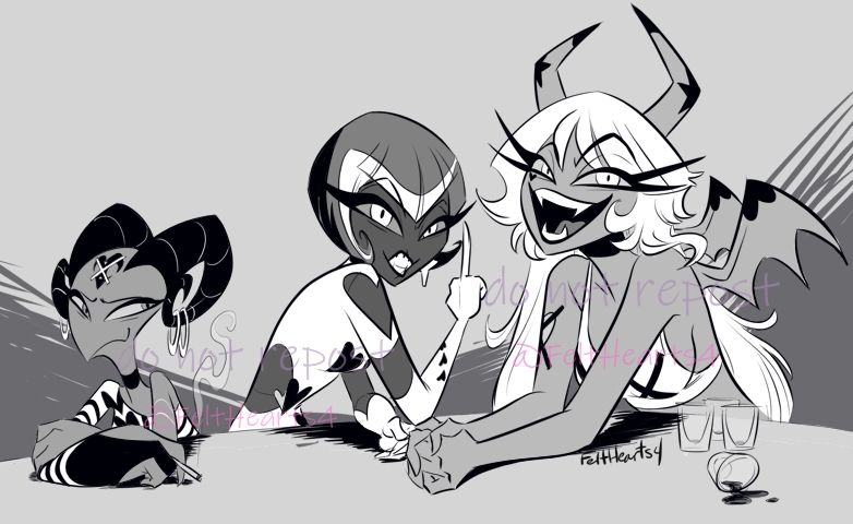 A drawing of three female characters, in black and white, all sitting at a table. One, a demon imp with big horns is smoking, the next, a demon doll with a sleek bob haircut and mod outfit, flips off the viewer. The third is a demon girl with horns and bat wings, who leers at the viewer, while next to her are empty shot glasses.