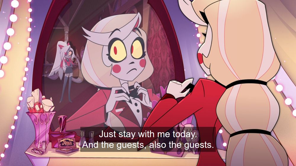 Vaggie asking Charlie to stay with her today.