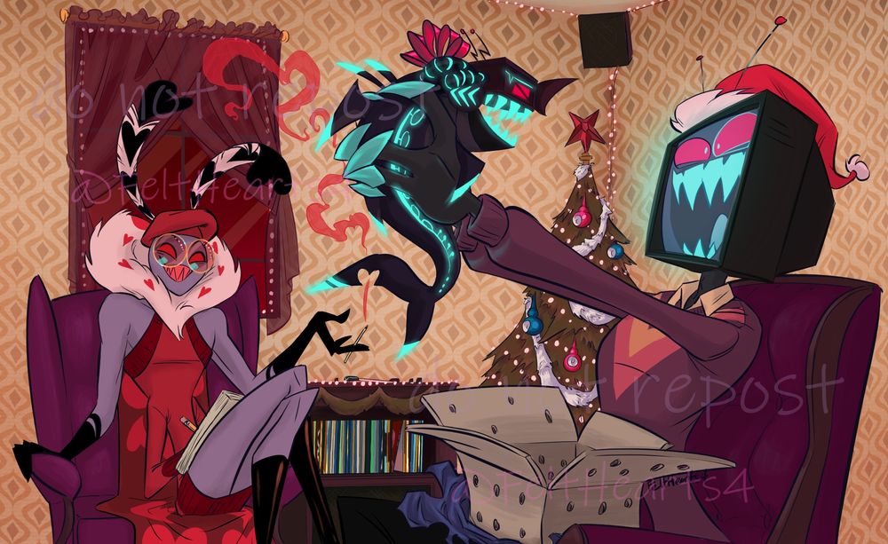 A digital illustration of Vox and Valentino from Hazbin Hotel. It looks to be the 1970s or 1980s; Vox has a CRT head with a Santa hat on, and an open cardboard box in his lap, surrounded by ripped wrapping paper. He's gleefully holding up a puppy-sized baby Shok.wav, who has a bright red bow on his head, and smaller teeth in his mechanical shark head. To the left, in the background, Valentino is sitting with a sketchbook and a cigarette, a pleased smile on his face at how happy Vox is. To the side of him is a record player with red Christmas lights on top, and next to that in the corner of the room is a small Christmas tree.