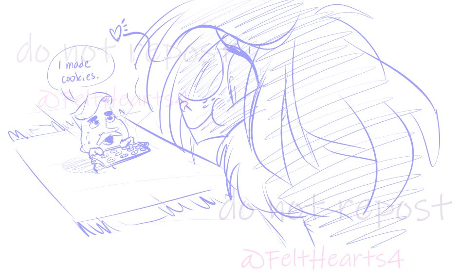 A blue-line sketch of two characters. One holds a tray of cookies and looks up at the other. He says, "I made cookies," while the other character looks at him sweetly.