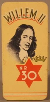 Rectangular metal pocket tobacco tin with hinged lid; pale yellow tin with image of Willem II (King of the Netherlands) in black and white on lid; "Willem II / No. / 30" in black, white and orange above and below image; image of cigarette factory and Willem II inside lid; brown paper insert inside tin; red sticker with product information on bottom of tin.