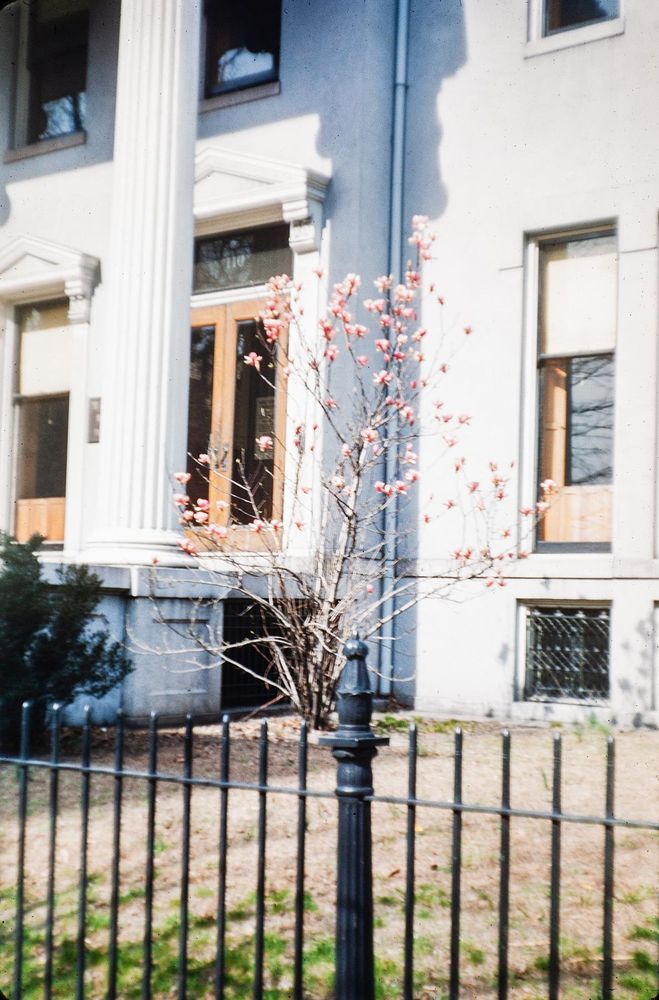Color slide showing the Mayo Memorial Church House (Taylor-Mayo) House at 110 W. Franklin Street in the Monroe Ward area of Richmond, Virginia; two-story Greek-Revival style building with iron fence in front lot.