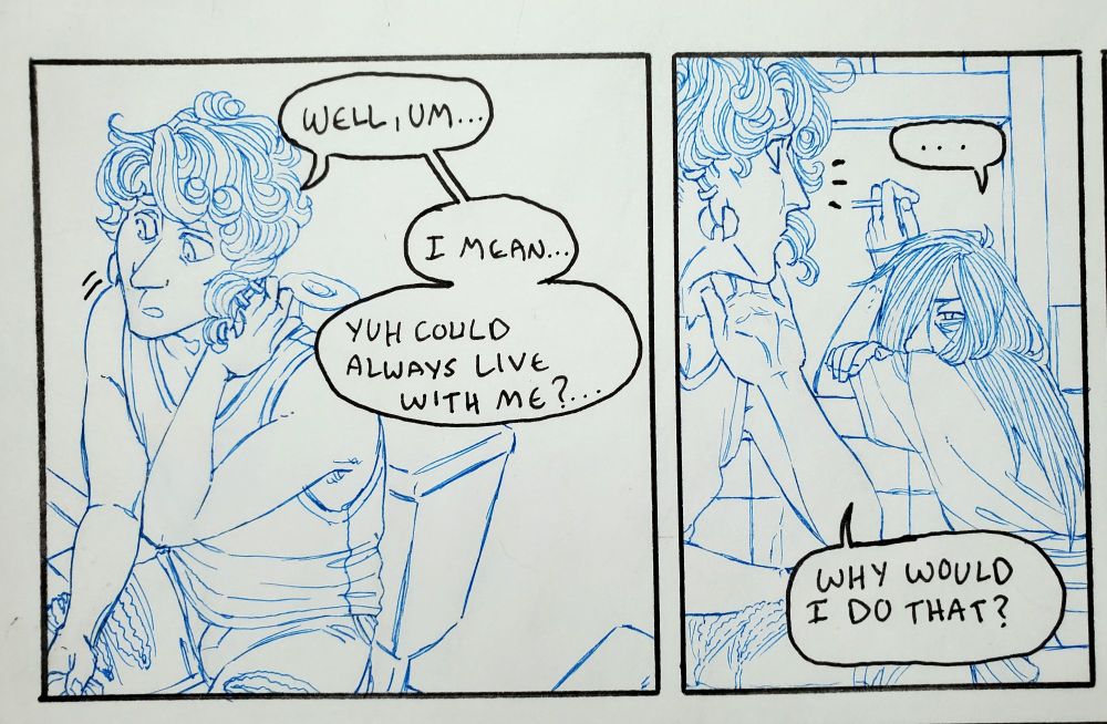 Two work-in-progress comic panels of two people talking while in a bathroom.  One is leaning our the window, smoking, the other is picking up trash while sitting on the toilet.
