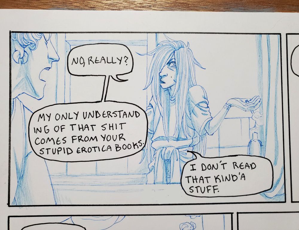 Comic panel of two people talking while one is leaning out the window, smoking.