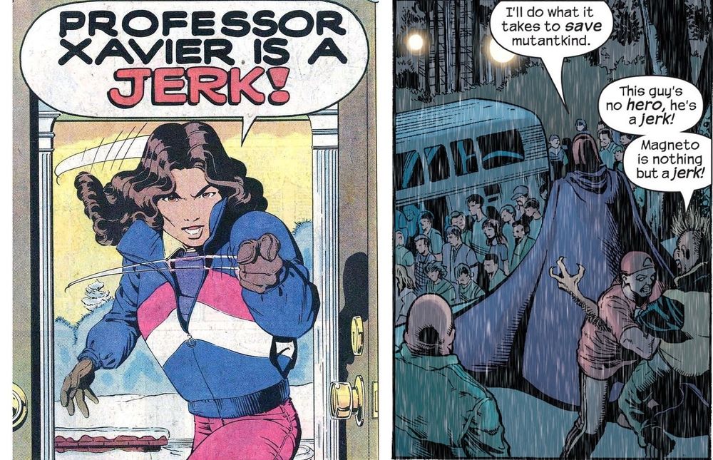 Side by side excerpts from two different comics, in which students of theirs declare Professor X and Magneto to be "jerks."