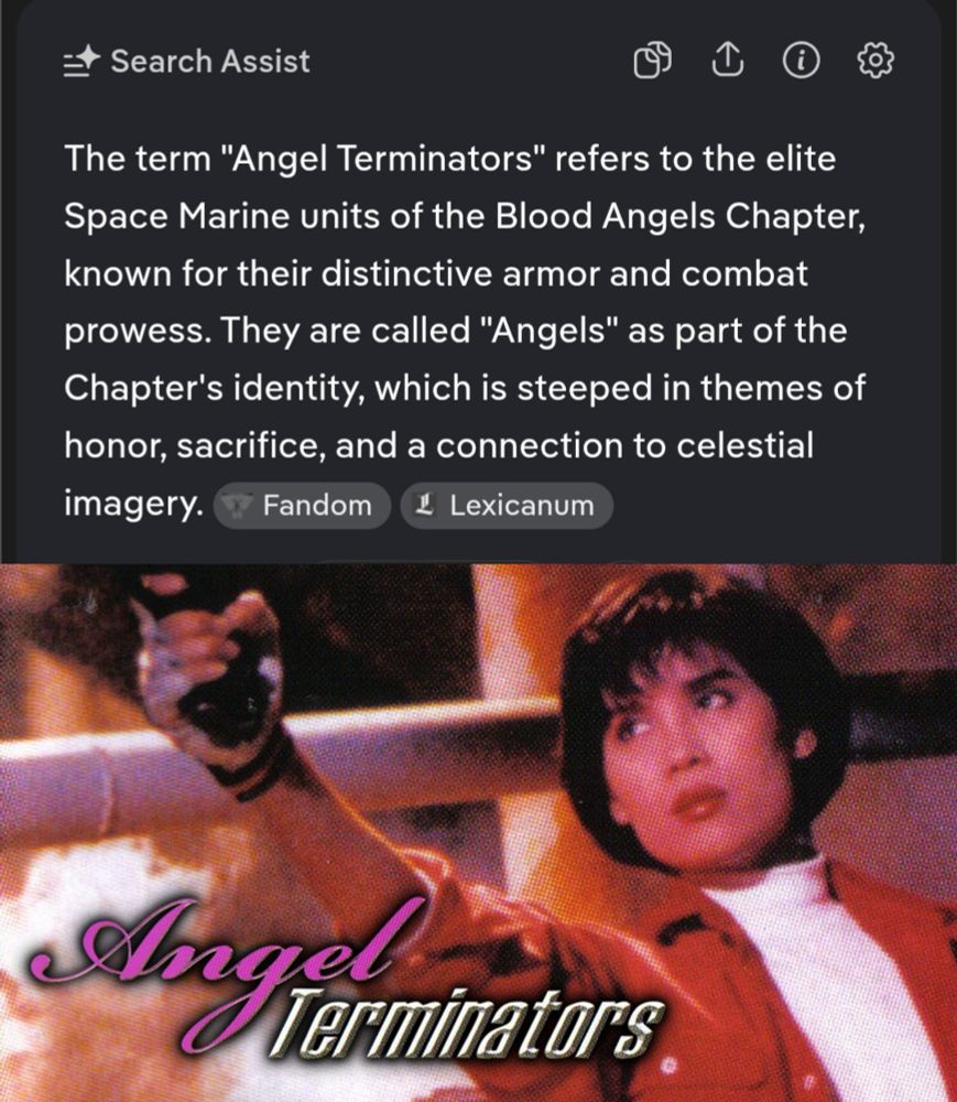 Banner of Angel Terminators with lead actor firing a gun and the title. Above it is an incorrect summary invoking Blood Angel Space Marines.