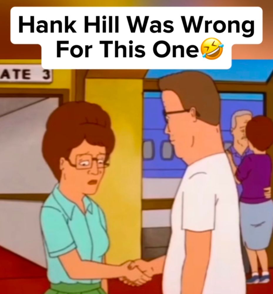 Screenshot of Hank Hill shaking Peggy's hand. She is visibly unhappy. Couple behind them is kissing.