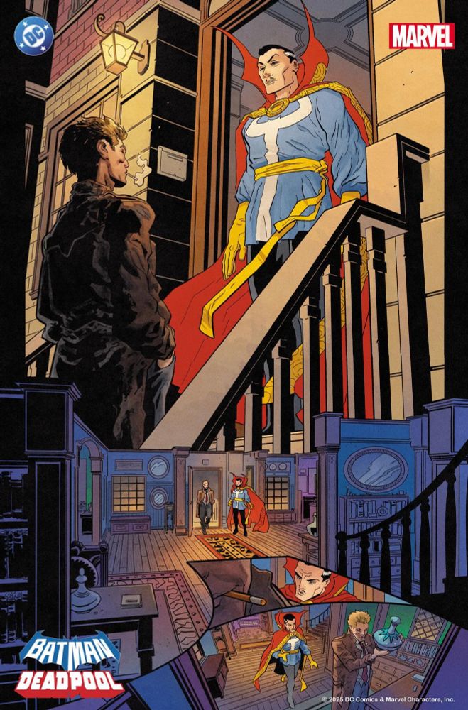 Comics page, wordless. John Constantine, smoking, at the front door of Dr Strange, in full costume. They walk through Strange's home.