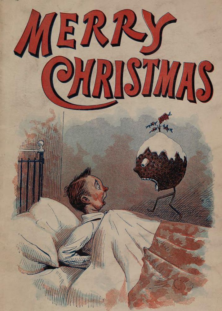 Cartoon Christmas card image of a child with a red face frightened in bed by a Christmas pudding with legs, eyes, and a gaping mouth terrorizing him.