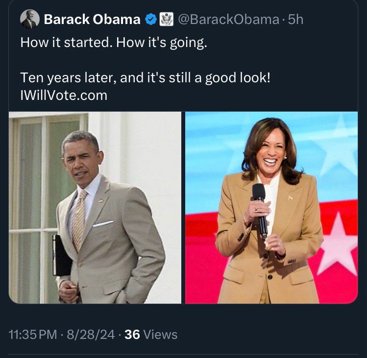Screenshot of a tweet showing two photos, to the left is former Pres. Obama in a tan colored suit. To the right, VP Kamala Harris in a different shade of tan suit. Both photos show them from the torso and above. There’s text above the photos