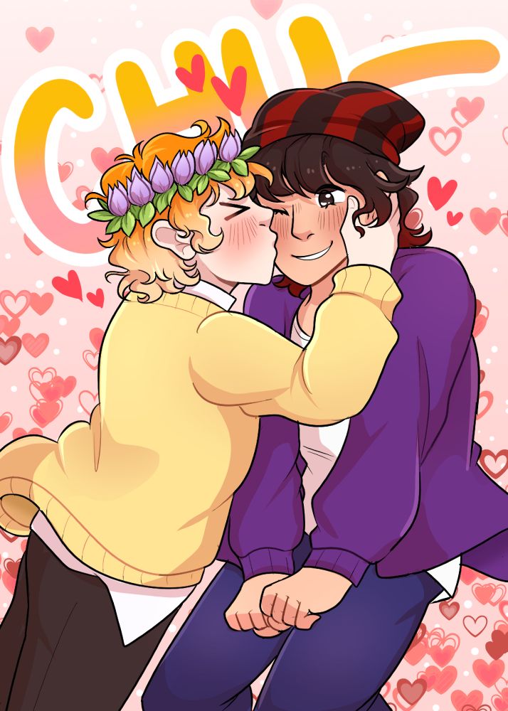 An orange-haired boy wearing a yellow cardigan and brown pants reaching up to kiss his partner, a tall, dark-haired boy wearing a purple jacket, black and red-striped beanie, and blue pants. The tall boy is smiling and blushing while he receives the kiss on the cheek. There are many, many hearts in the background, and hand-written is the word, "CHU!"