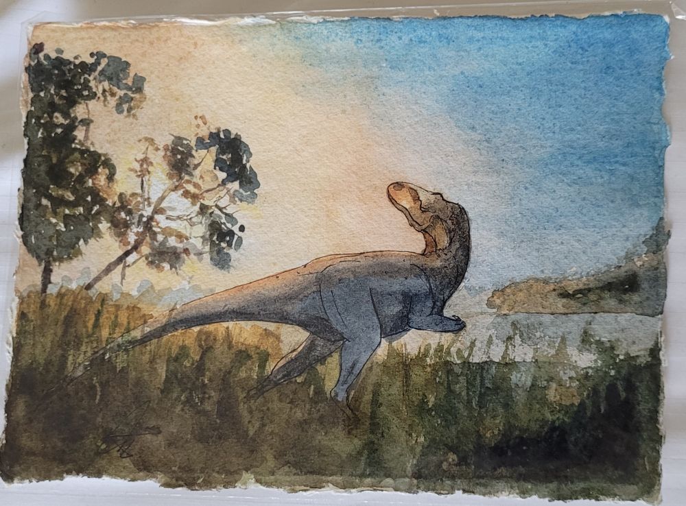 close up of the watercolour of a therapod looking towards the rising sun (honestly a gorgeous piece I love himb)