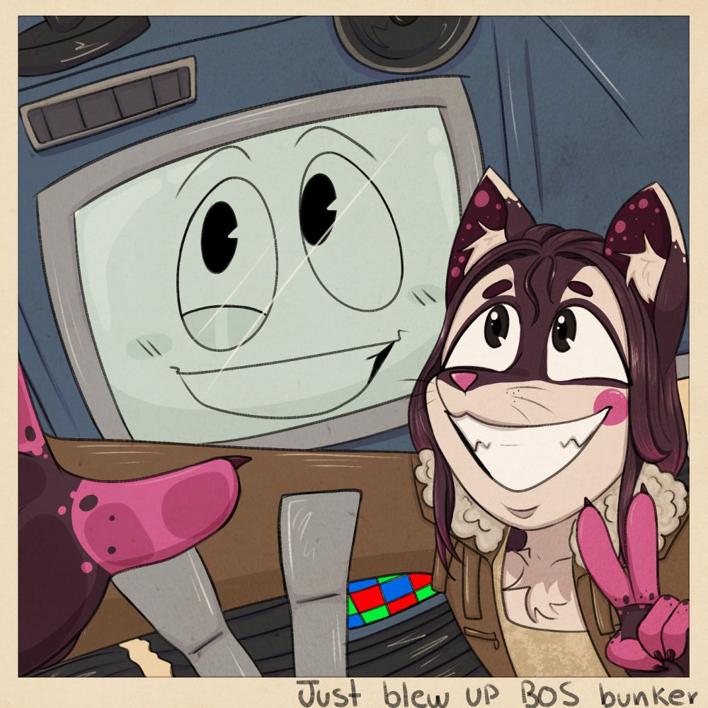 My sona Juniper taking a selfie with Yes Man. Written on the photo is "Just blew up BOS bunker" like it's a scrapbooked moment.