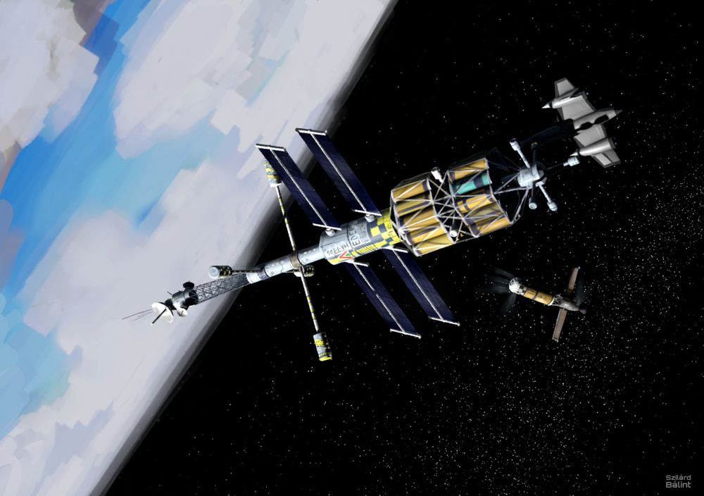 Digital painting of an orbital fuel depot. An SSTO shuttle is docked to it, and a tanker ship is aproaching.
Concept art for Budapest Spaceport