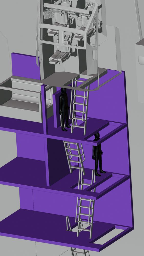 A closeup of the cockpit and the three narrow levels underneath it, showing some ladderway and a hallway with doors, turned vertical. The cockpit  has three seats, where you'd be laying on your back, and there are some black people for scale reference