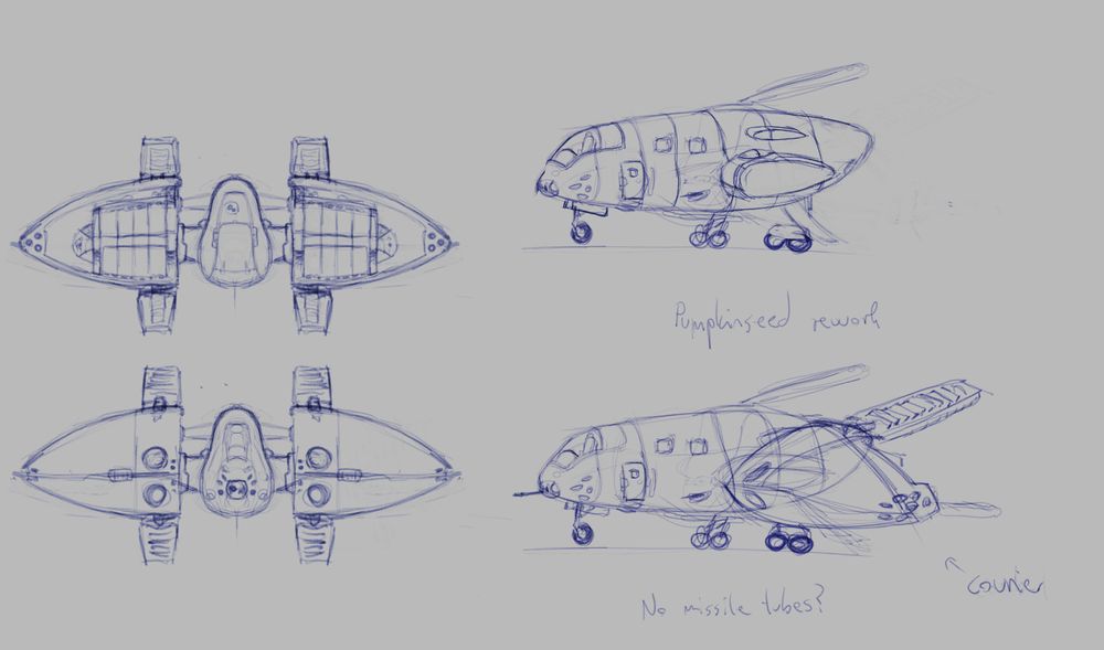 Sketch of a small, mostly aerodynamic courier spaceship for Pioneer Space Simulator. Round, airplane-like fuselage with large turncated elliptical nacelles with large radiator fins. The sketch is a digital illustration, blue linework on light gray background, showing the ship from the front and back, and from the side with and without the nacelles.