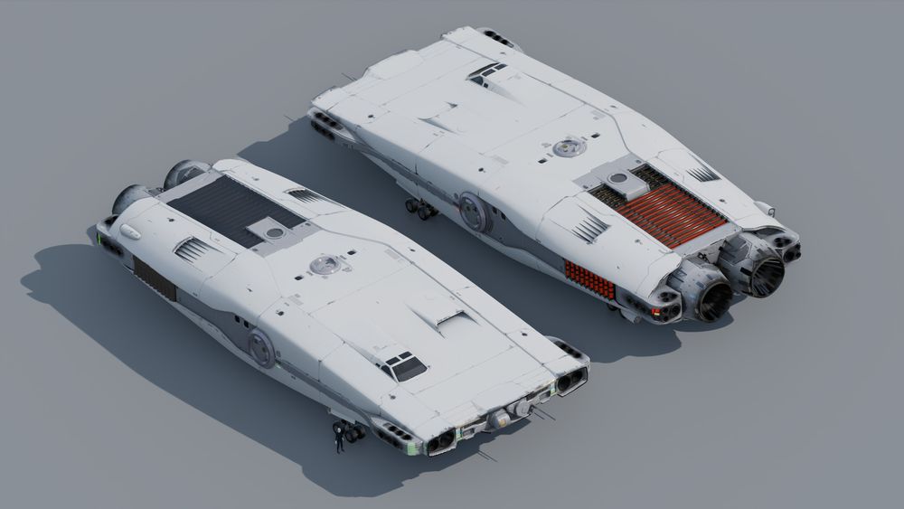 Top 3/4 view of two Natrixes showing the front and tail of the ship. The proportionally large engines and radiators dominate the tail. The whole ship is mostly light gray, with some dark gray accents on the sides. There are two medium docking collars on the sides and one small on the top. The cockpit is offset to the right, and on the left there's a small intake. The nose of the ship sports a pair of sensors, a couple of antennas and large retro thrusters