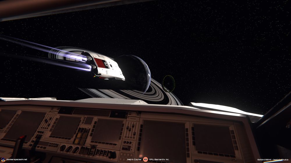 View from a spaceship cockpit, lookint at another ship. Both are approaching an orbital above a ringed planet.  The planet is mostly in shadow, but the sun is glinting on the horizon. 
The ship is a light gray twin engined courier ship, its shape language resembling '80s sports cars a bit. 