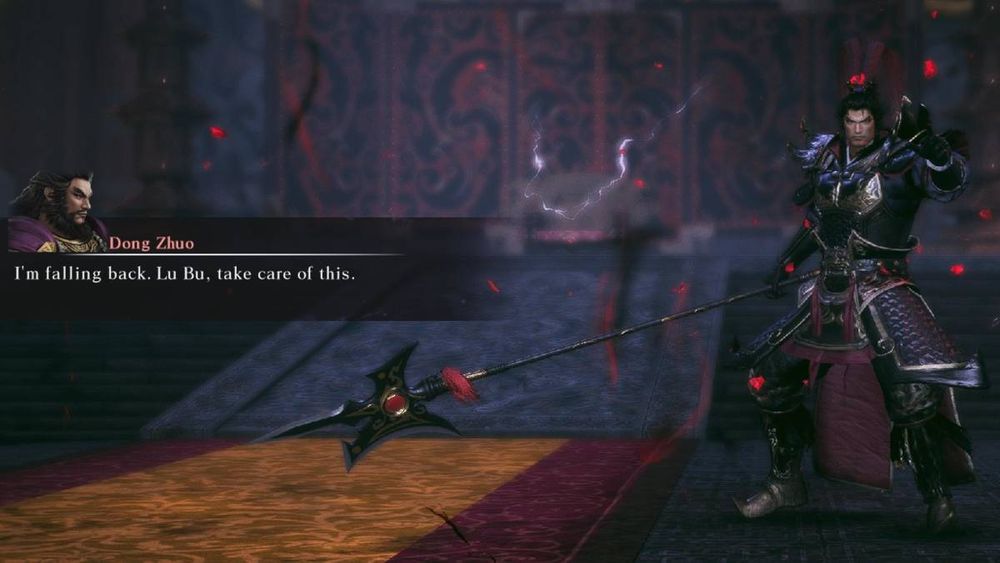 Dynasty Warriors Origins screenshot of Lu Bu in black armor and wielding a pole arm, with Dong Zhuo saying, "I'm falling back. Lu Bu, take care of this."