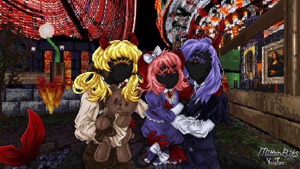 A couple of fantastical humanoid creatures posing with their daughter at a carnival. A Ferris wheel and various other carnival attractions can be seen behind them. The creatures have black skin, red horns, tails of various different shapes and only singular eyes on their faces. 