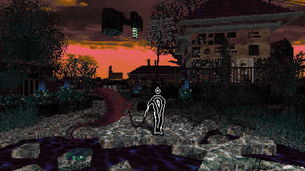 Pixel art painting of a country side scene with surrealist elements. Made by editing a screenshot of a small Doom 2 map I made, which represents the skeletal elements of the scene.