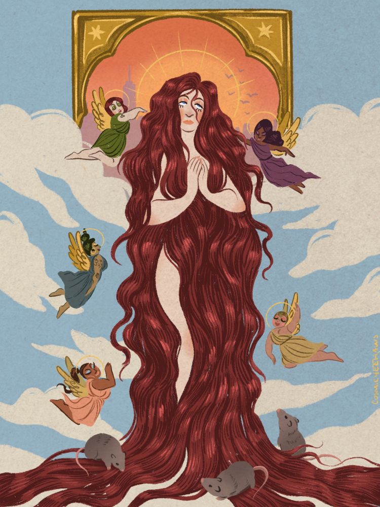 Illustration of Chappell Roan inspired by saint icons and The Subway music video. Chappell stands against a blue sky with most of her body covered by long red hair. She is surrounded by tiny angel drag queens. There are rats at her feet.