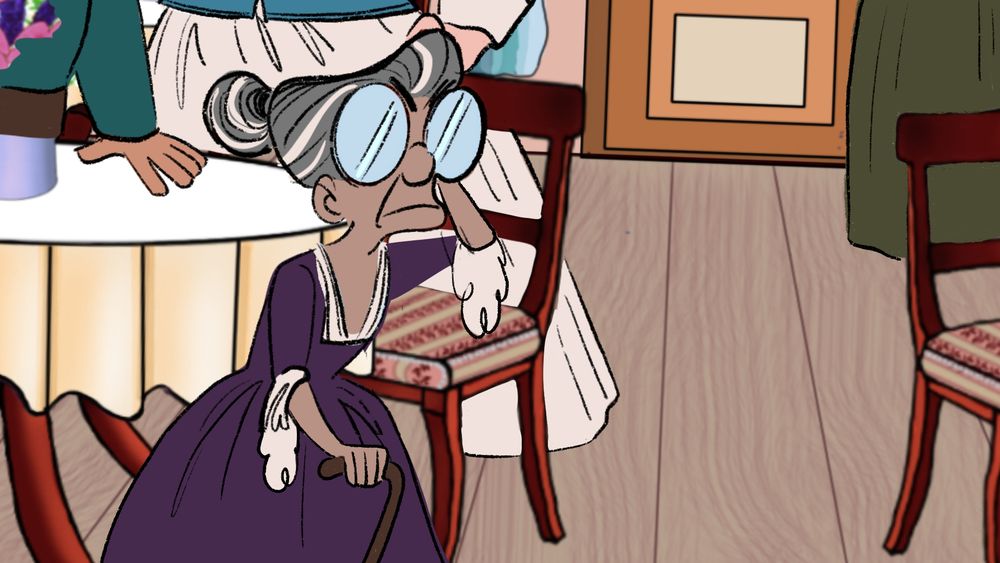 little old lady in a dark purple dress and big glasses reaching behind her. what does she have?