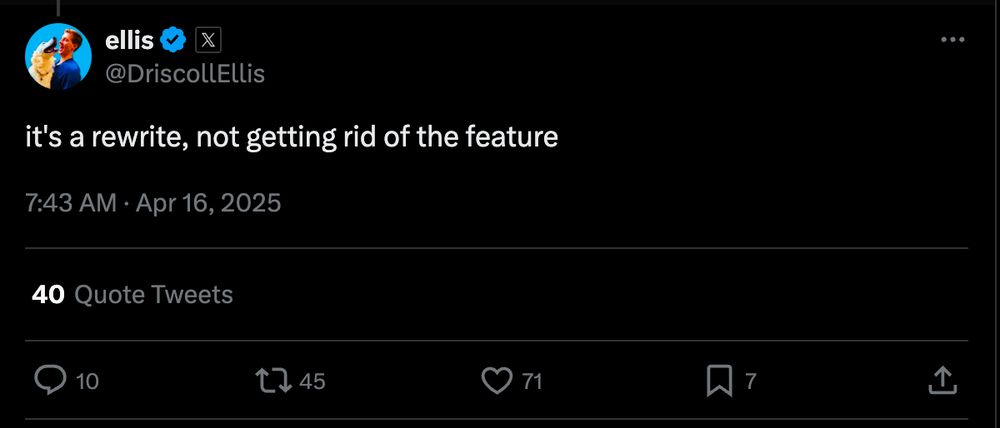 tweet from another twitter employee DriscollEllis that says "it's a rewrite, not getting rid of the feature"