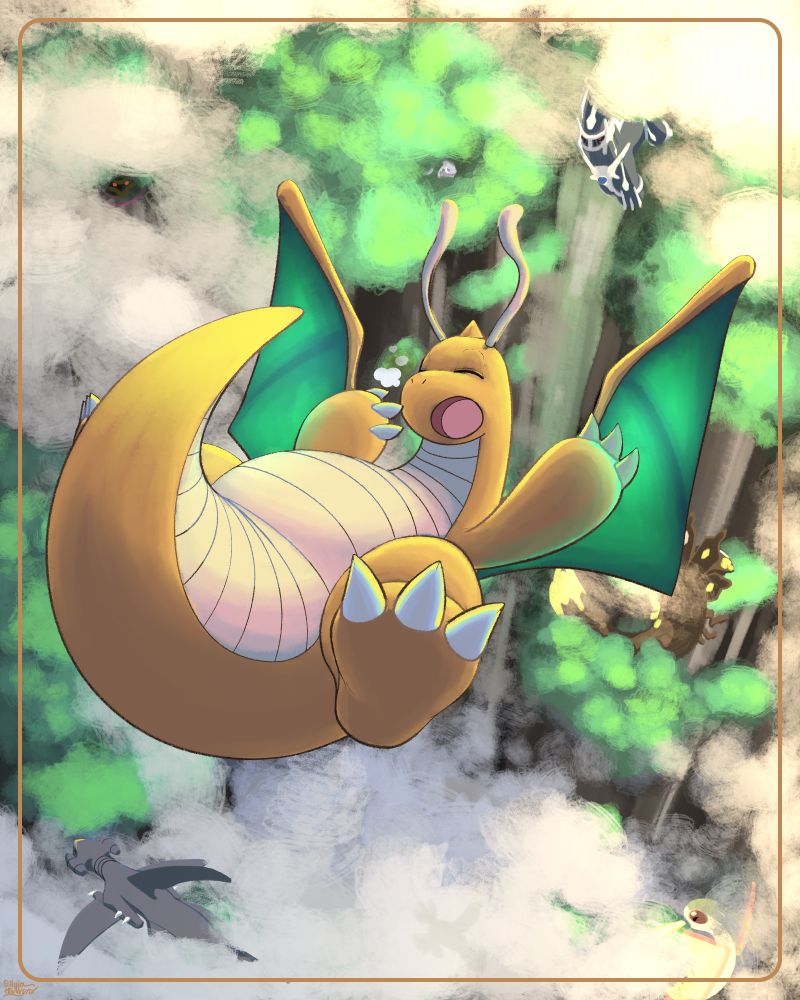 A sleepy Dragonite falling out of the sky, with plenty of other Dragon type pokemon around.