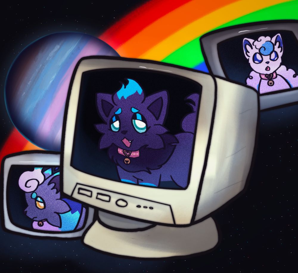 a old dell computer with a unovan zorua on display, a screen below with hisuian zorua, and a screen above with alolan vulpix. the background is a void of space with a rainbow and the planet jupiter